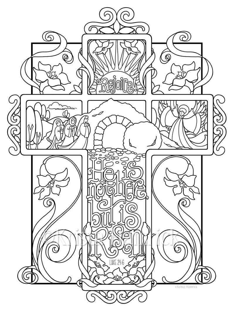 He is Not Here But is Risen / Luke 24:6 coloring page in two sizes_ 8.5X11, Bible journaling tip-in 6X8 image 1
