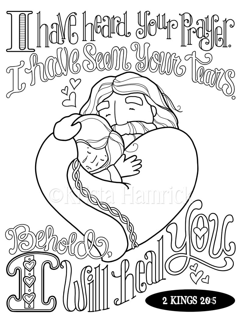 Puede incluir: Ilustraci&oacute;n en blanco y negro que representa un abrazo reconfortante dentro de una forma de coraz&oacute;n. La imagen incluye el texto "He o&iacute;do tu oraci&oacute;n, he visto tus l&aacute;grimas, He aqu&iacute;, yo te sanar&eacute;" y "2 Reyes 20:5".