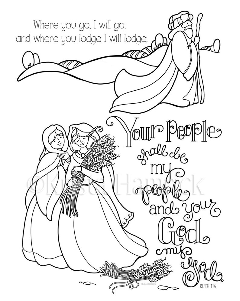 Ruth coloring page in two sizes: 8.5X11, Bible journaling traceable or tip-in 6X8 image 1