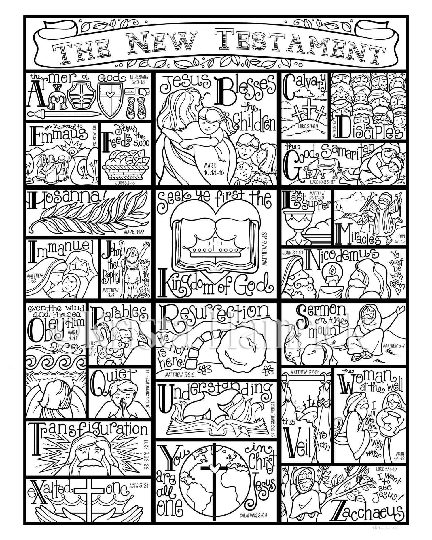 Old Testament and New Testament (BOTH designs included!) coloring pages in three sizes each: 8.5X11, 8X10, 6X8 for Bible journaling tip-in