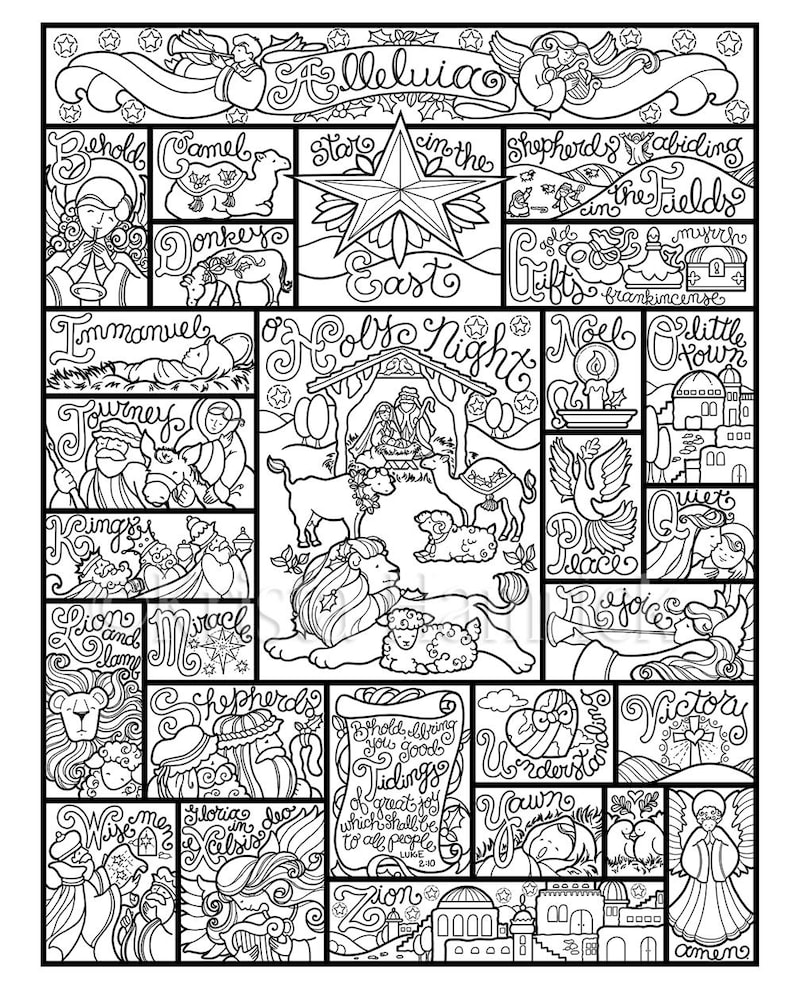 Nativity Alphabet coloring page in three sizes: 8.5X11, 8X10 suitable for framing, 6X8 for Bible journaling tip-in