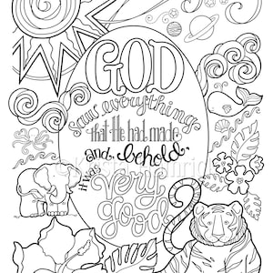 May include: Black and white line art illustration with the text "GOD saw everything that He had made and, behold it was Very Good." The image includes a sun, planets, a whale, an elephant, a tiger, and flowers. The text "GENESIS 1:31" is at the bottom.
