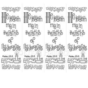 May include: Four white bookmarks with black text. Each bookmark features the phrase "He leadeth me in the paths of righteousness" and "Psalm 23:3". The design includes a candle, open book, and grape vine illustrations.