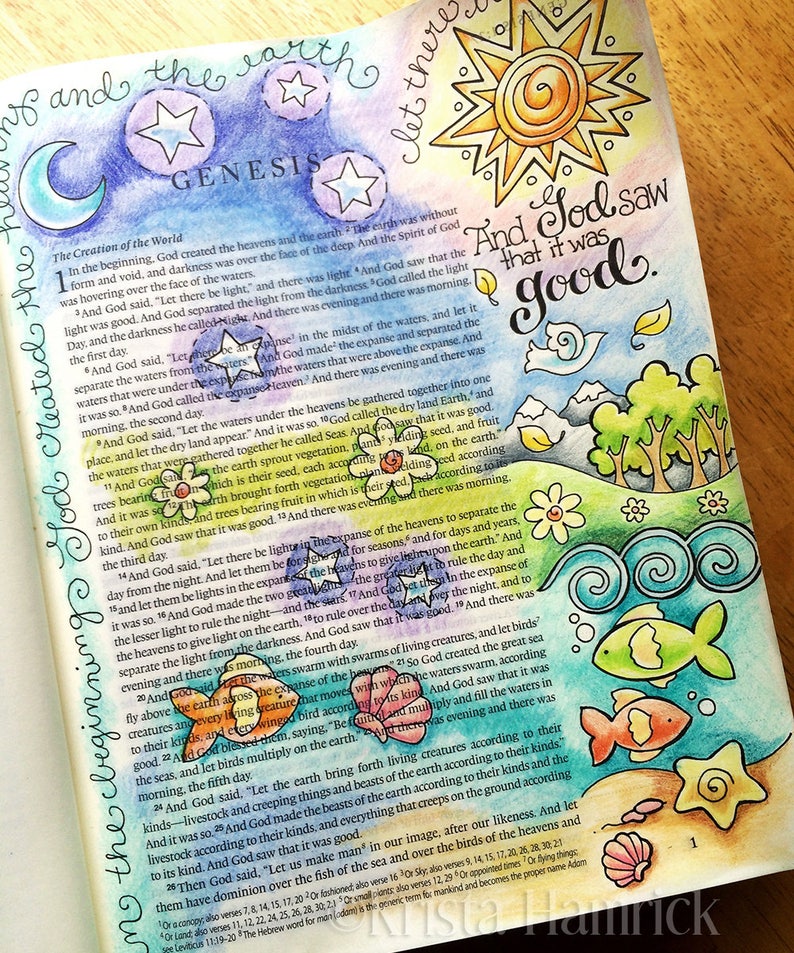 May include: A colourful illustration of the first chapter of Genesis from the Bible. The image features a blue sky with stars, a yellow sun, a green landscape with trees, and a blue ocean with fish. The text "And God saw that it was good." is written in a whimsical font.
