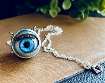 Quirky Silver Necklace, Doll Eye Necklace, Eye Jewellery, Blue Blinking Doll Eye Jewelry, Alternative Goth Jewellery
