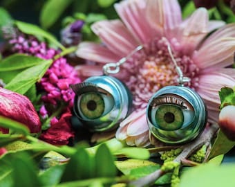 Doll eye earrings, large green earrings, creepy cute, pastel goth jewelry,  weird witchy jewellery, silver earrings, oddity jewelry.