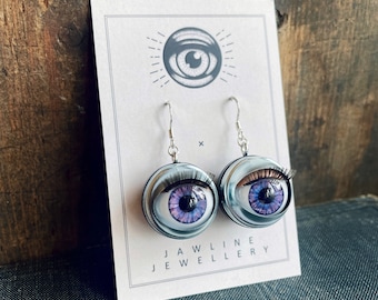 Purple Eye Earrings, Blinking Doll Eye Earrings, Alternative Macabre Jewellery, Purple Gothic Earrings