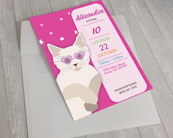 Birthday Invitation, kids party invitation, birthday party invitation, editable invitation, invitation template, kitten, printable, girls