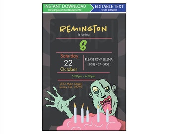May include: A black and green zombie birthday party invitation with a cartoon zombie holding a pink cake with eight lit candles. The invitation says "Remington is turning 8" and includes the date, time, and location of the party.