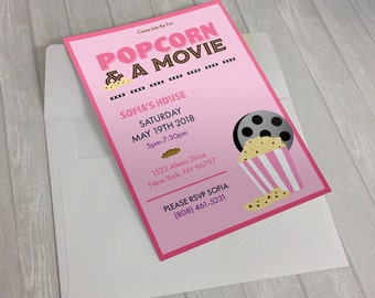 Popcorn and a Movie invitation, instant download, editable template, for  girl,  kids party invitation, pink, 20% Off Sale