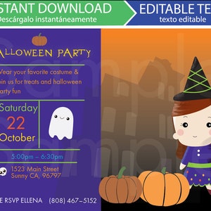 Halloween Party invitation, Editable Kids Invitation Template, instant download, PDF, Halloween party, bruja, fiesta de Halloween, printable
