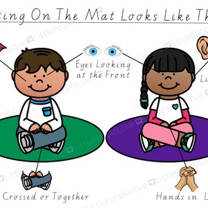 May include: Illustration of two children sitting on mats with their legs crossed. The children are looking forward with their mouths closed and their hands in their laps. The text "Sitting On The Mat Looks Like This..." is at the top of the image.
