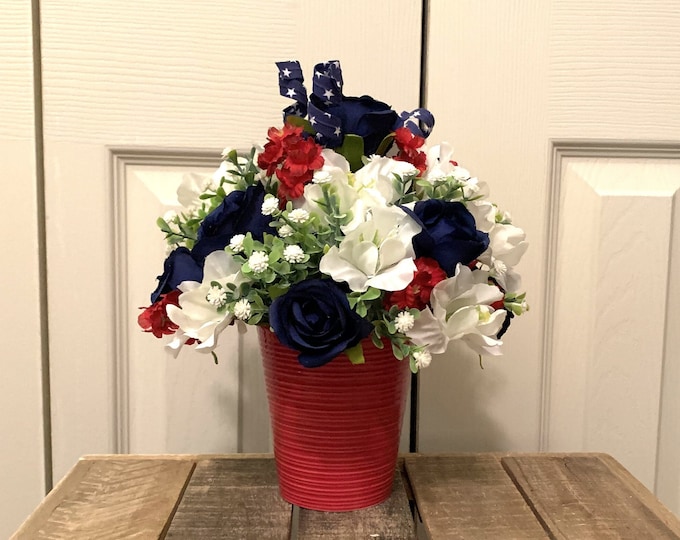 Small Red White and Navy Artificial Flower Arrangement in Red Ceramic