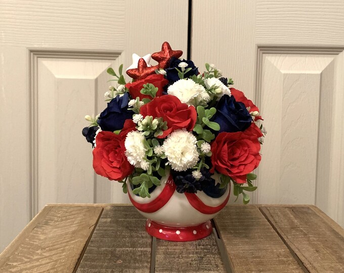 Red White and Blue Artificial Flower Arrangement in Ceramic Dish With ...
