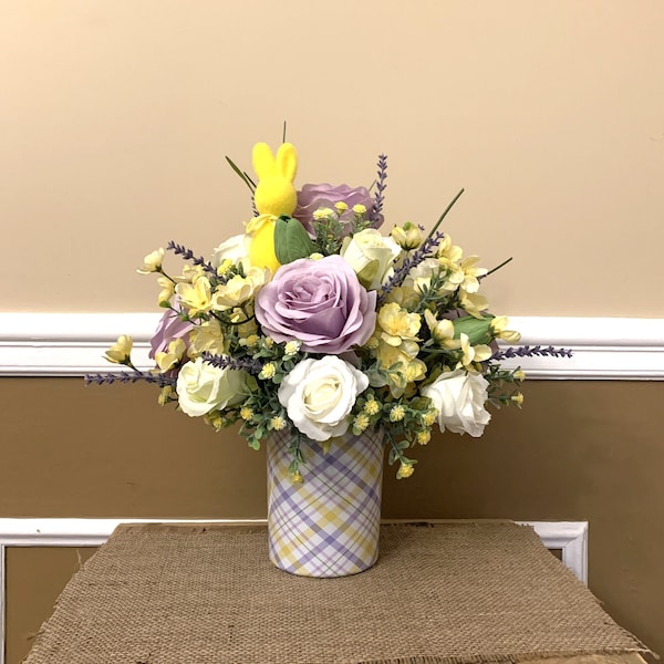 Spring Centerpiece with Removeable Flocked Bunny - Easter Centerpiece with Roses and Tulips - Purple Roses