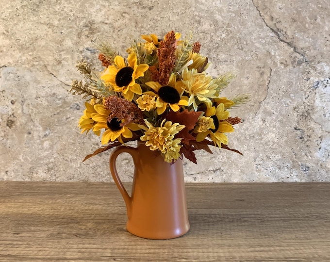 Small Pitcher With Fall Floral Arrangement - Burnt Orange Ceramic ...