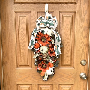 Fall Pumpkin Door Swag with Wired Truck Ribbon - Gorgeous Autumn Twig Swag with Pumpkins Acorns and Sunflowers - Orange and Sage Green Swag