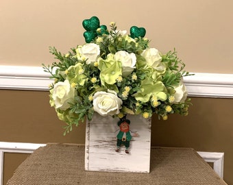 Removeable Embellishments - St. Patrick's Day Floral Arrangement - Spring White and Green Flowers - Artificial Centerpiece for Spring