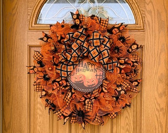 Decorative Mesh Halloween Wreath with Happy Halloween Sign and Spiders - Orange Black and White Deco Mesh Halloween Wreath with Pumpkins