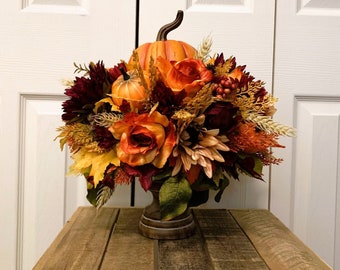 Gorgeous Fall Pumpkin Floral Centerpiece on Candlestick - Classic Thanksgiving Centerpiece with Chrysanthemums Pumpkins and More!