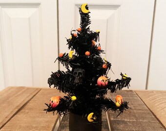 Mini Black Halloween Pine Tree with Halloween Pumpkins and Various Embellishments - Halloween Tiered Tray Ideas - Black Pine