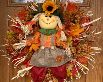 Large 24 Inch Scarecrow Deco Mesh Wreath - Gorgeous Fall Wreath - Scarecrow Wreath for Front Door