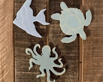 Set of Three Large Sea Creature Magnets - Turtle Octopus and Fish Magnets - Large Locker Magnets - Hand Painted Magnets -  Chalky Paint