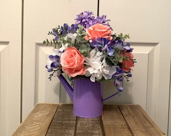 Purple Watering Can with Coral Roses - Mixed Boquet Summer Floral Arrangement - Purple Coral and White Artificial Flowers - Watering Can