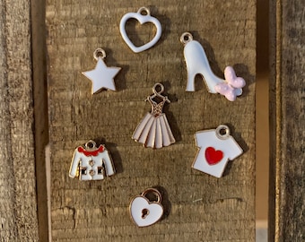 Set of EIGHT Charms - Fun DIY Charms - Dress Charm - Heart Charms - DIY Bracelet and Necklace Charms - Make Your Own Jewelry