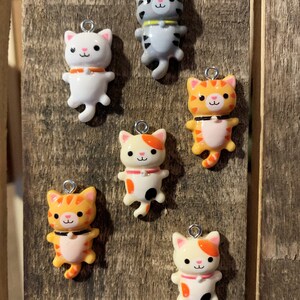 以下が含まれることがあります： 異なるパターンと色を持つ、カラフルな猫のチャームが6つ。チャームはポリマークレイ製で、オレンジ、ブラック、グレーのアクセントが施された白い背景になっています。チャームは、どんなプロジェクトにも遊び心を加えるのに最適です。