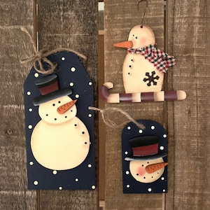 Set of Three Hand Painted Wooden Snowman Ornaments and Tags - Snowman Christmas Ornaments - Hand Painted and Handmade!