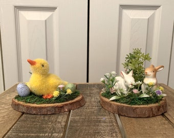 Easter Scene - Bunnies or Yellow Chick - Your Choice - Easter Tiered Tray Decorations - Easter Decor- Ceramic Bunny Rabbits - Yellow Chicks