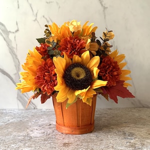Fall Sunflower Thanksgiving Arrangement - Artificial Sunflower Arrangement in Orange Apple Basket