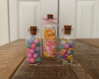 Three Miniature Glass Jars with Artificial Candy - Easter Tiered Tray Ideas - Fake Candy - Tiny Jars with Artificial Easter Candy