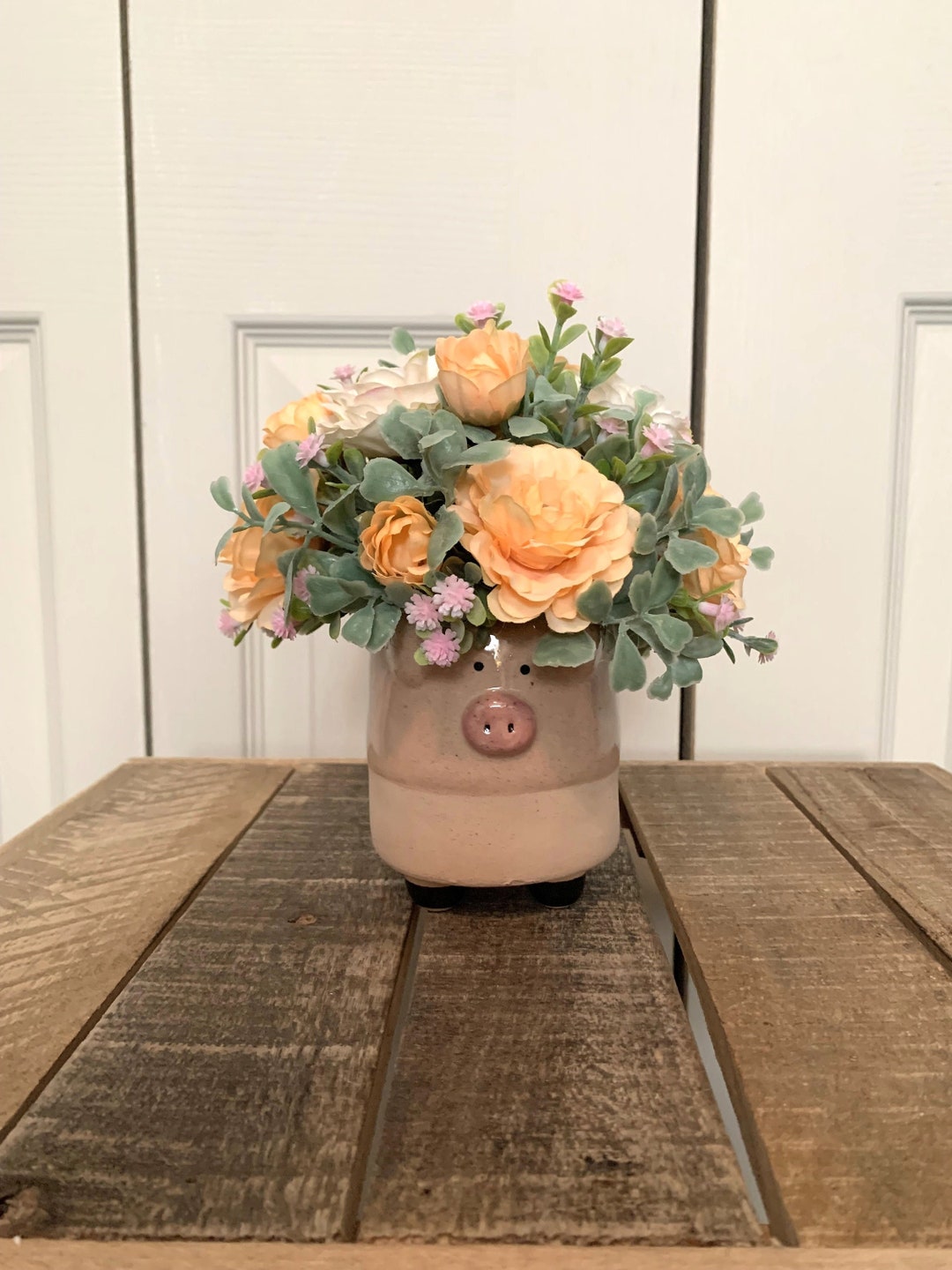 Artificial Flowers in Ceramic Pig Container Peach and Pink Pig