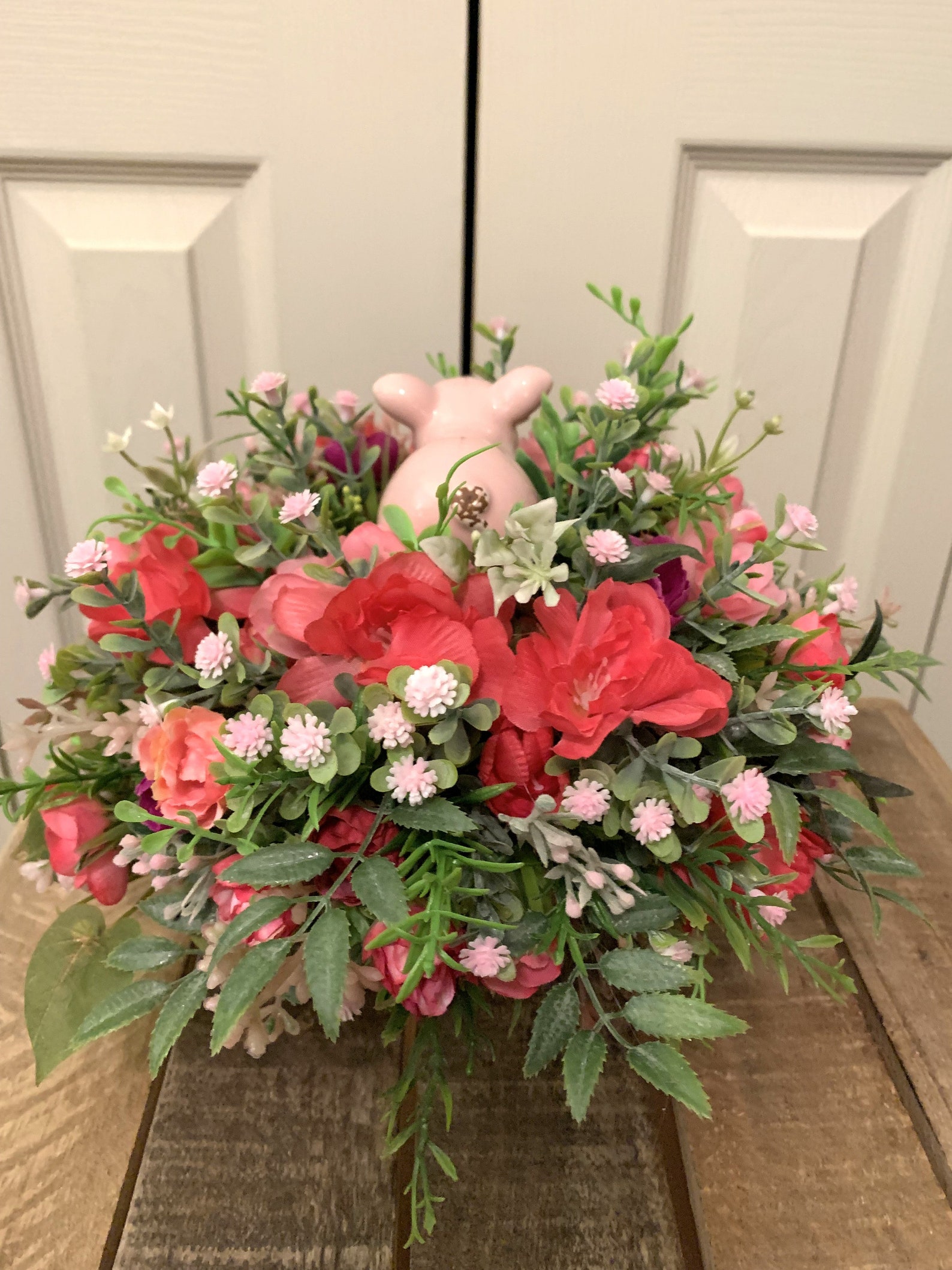 Small Artificial Flower Centerpiece With Rustic Ceramic Pig Etsy