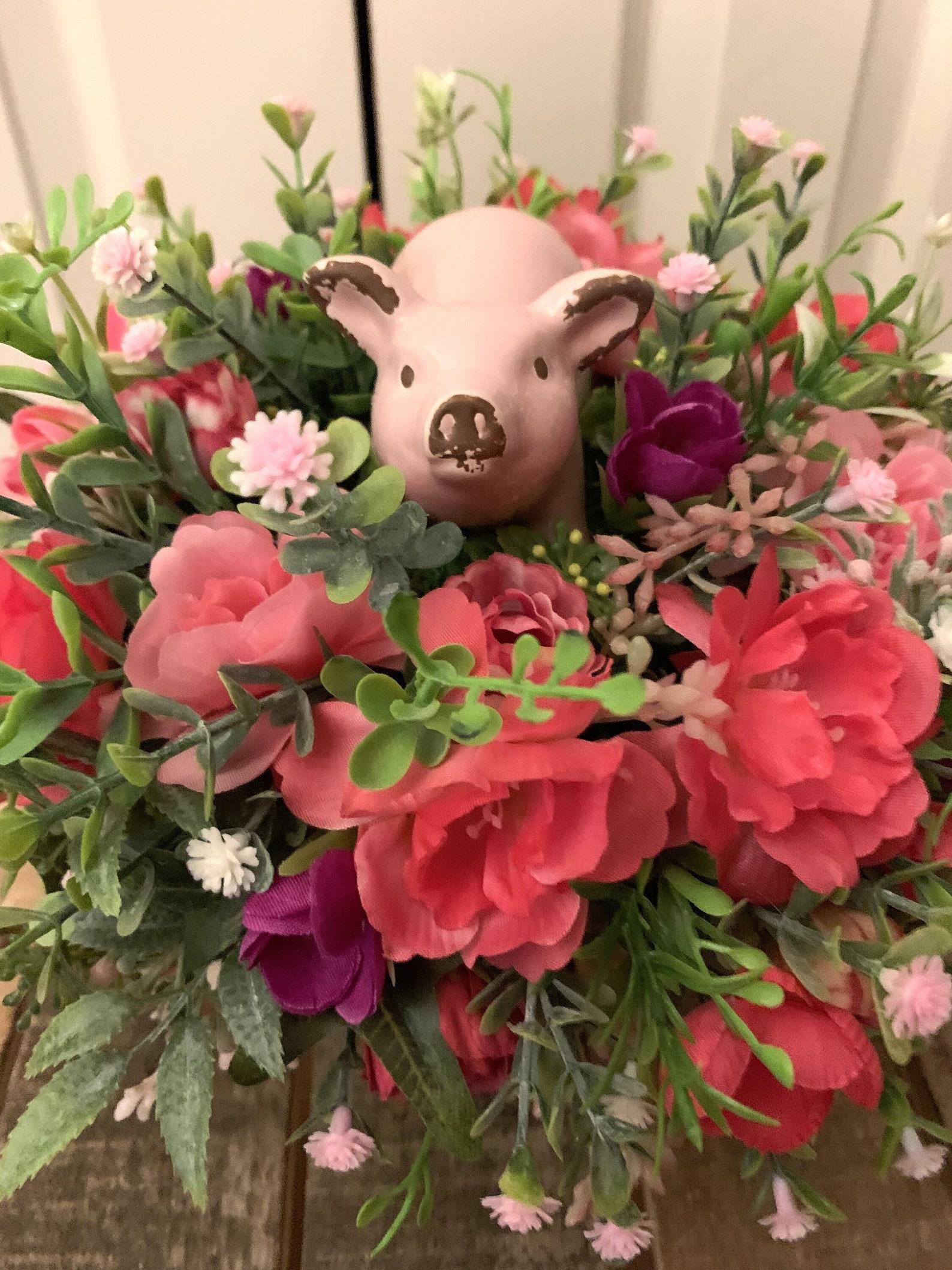 Small Artificial Flower Centerpiece With Rustic Ceramic Pig Etsy