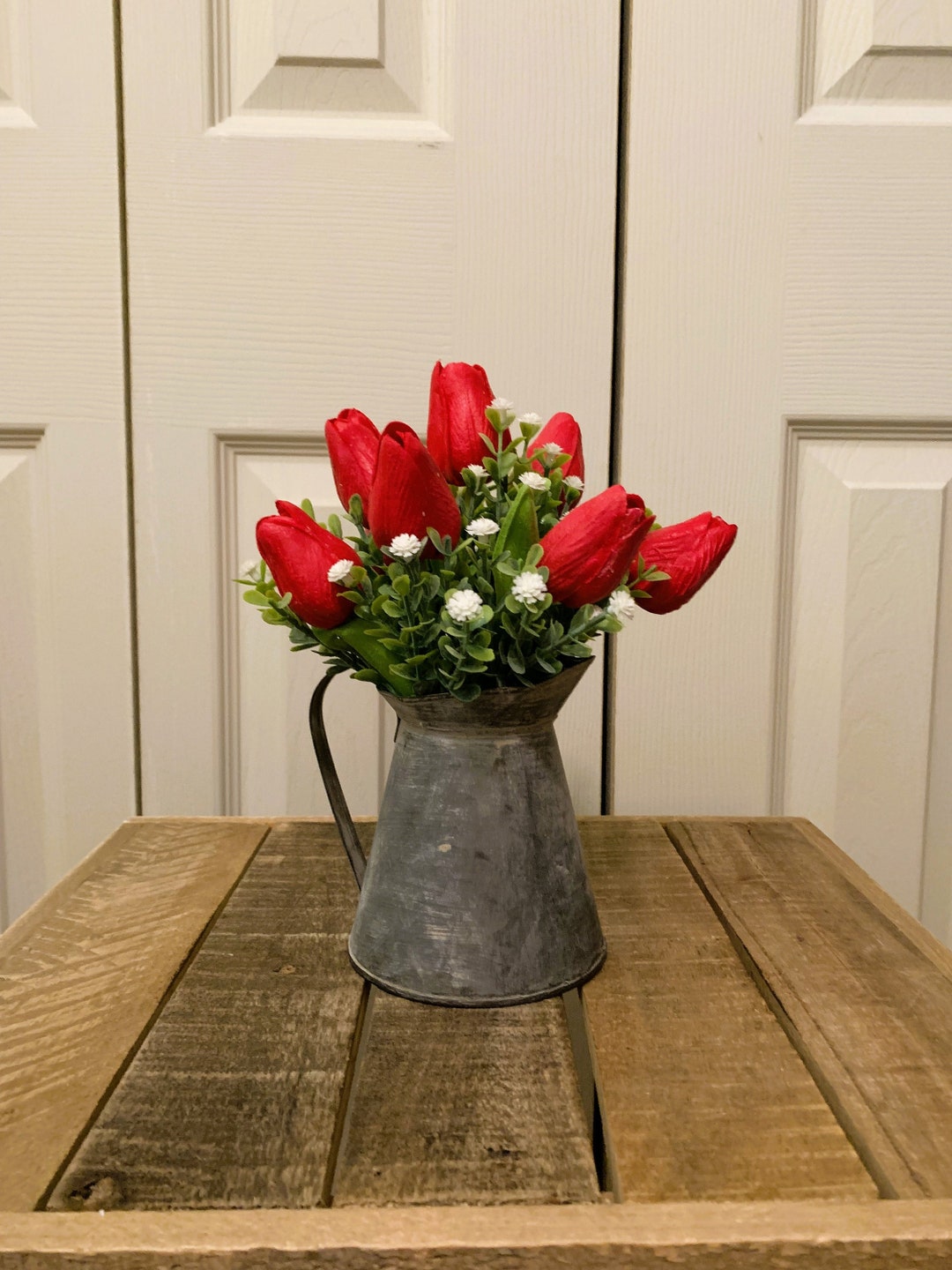Real Touch Hot Pink Tulips in Small Metal Pitcher Artificial Etsy