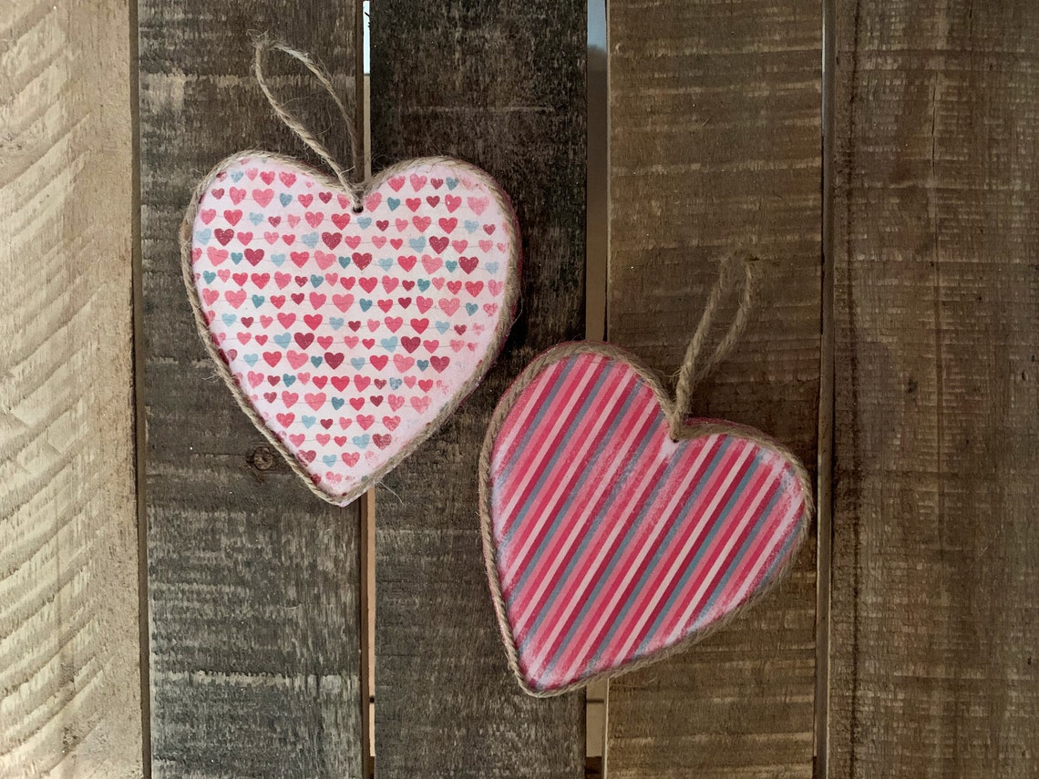 Shabby Chic Hanging Hearts Wood Heart Ornaments Decoupaged Etsy