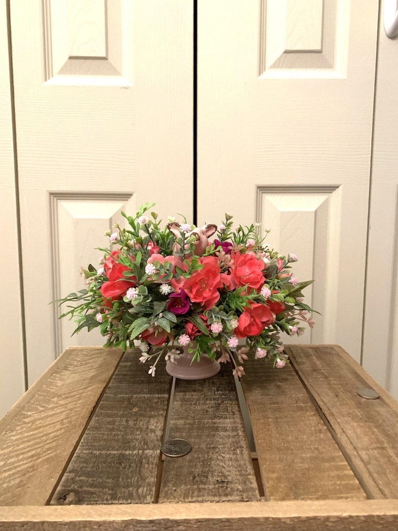 Small Artificial Flower Centerpiece With Rustic Ceramic Pig Etsy
