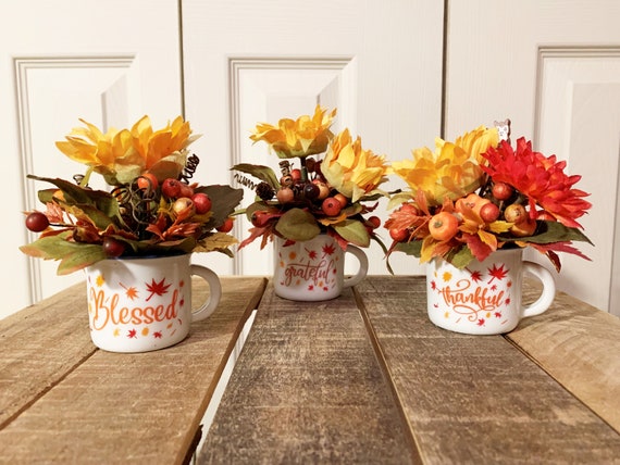 Mini Fall Mugs with Sunflowers and Various Embellishments - Blessed Grateful and Thankful Miniature Mugs - Fall Tiered Tray Sunflower Decor