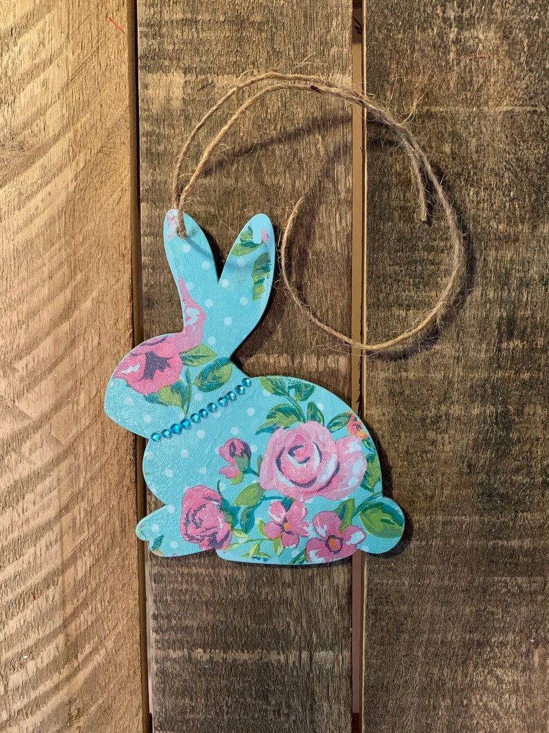 Easter Tree Easter Bunny Gift Tag Easter Tag Bunny Ornament Pink Floral Bunny Blue Bunny with Bling Hand Painted Rabbit Ornament