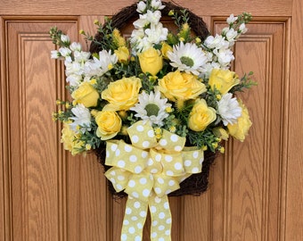 Grapevine Basket Door Hanger with Yellow and White Flowers - Yellow Roses and Daisies Door Hanger - Easter Floral Door Decoration