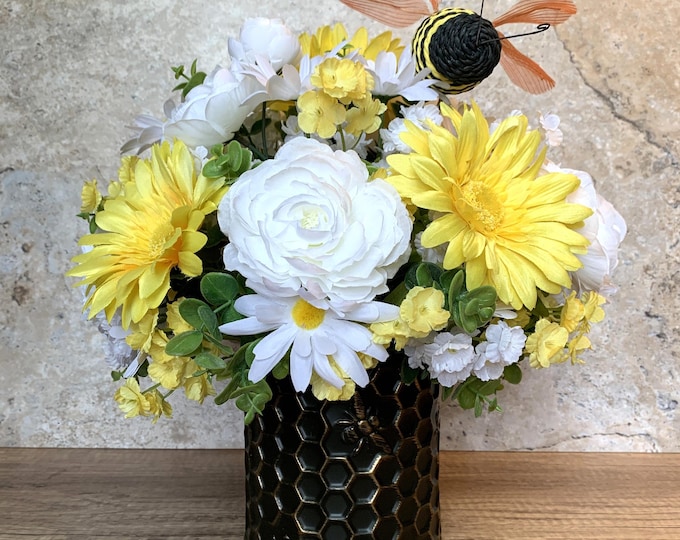 Bee Themed Artificial Floral Arrangement - Yellow and White Floral ...