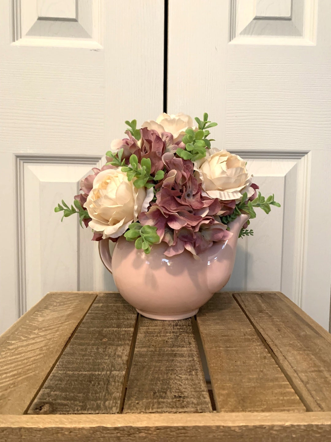 Champagne and Blush Pink Artificial Flower Arrangement in Pink Teapot