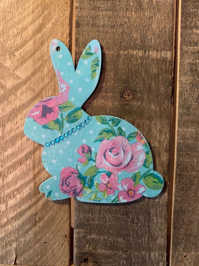 Easter Tree Easter Bunny Gift Tag Easter Tag Bunny Ornament Pink Floral Bunny Blue Bunny with Bling Hand Painted Rabbit Ornament