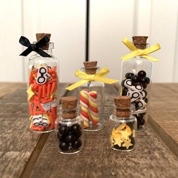 Harry Potter Themed Miniature Glass Jars - Halloween Tiered Tray Ideas - Harry Glasses and Lightning Bolt - Artificial Candy in Little Jars