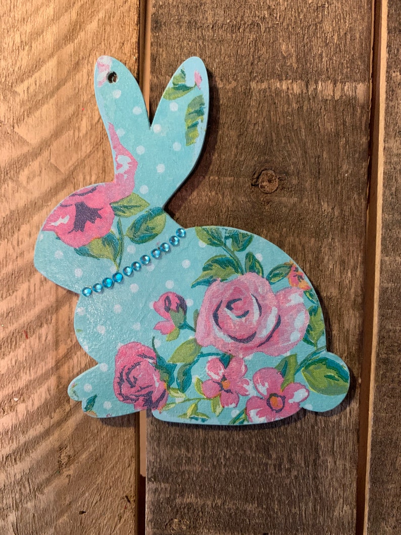 Easter Tree Easter Bunny Gift Tag Easter Tag Bunny Ornament Pink Floral Bunny Blue Bunny with Bling Hand Painted Rabbit Ornament