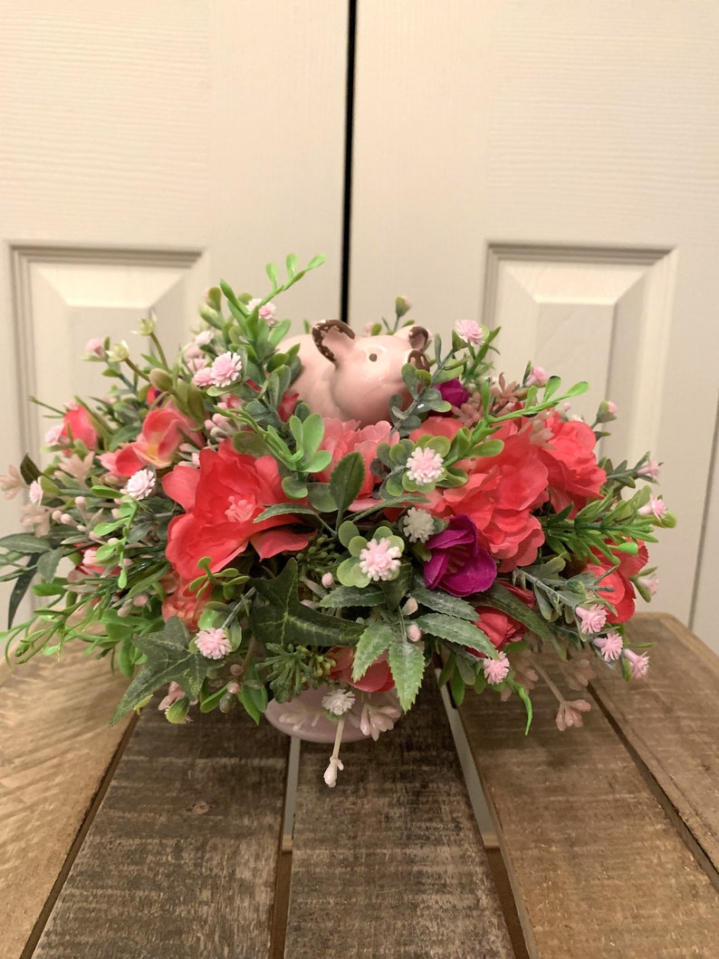 Small Artificial Flower Centerpiece With Rustic Ceramic Pig Etsy
