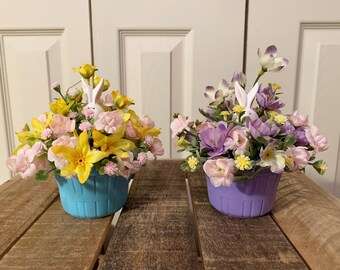 Peeking Bunny Tiered Tray Easter Floral Arrangements - Small Spring Floral with Rabbits - Easter Themed Tiered Tray Artificial Flowers